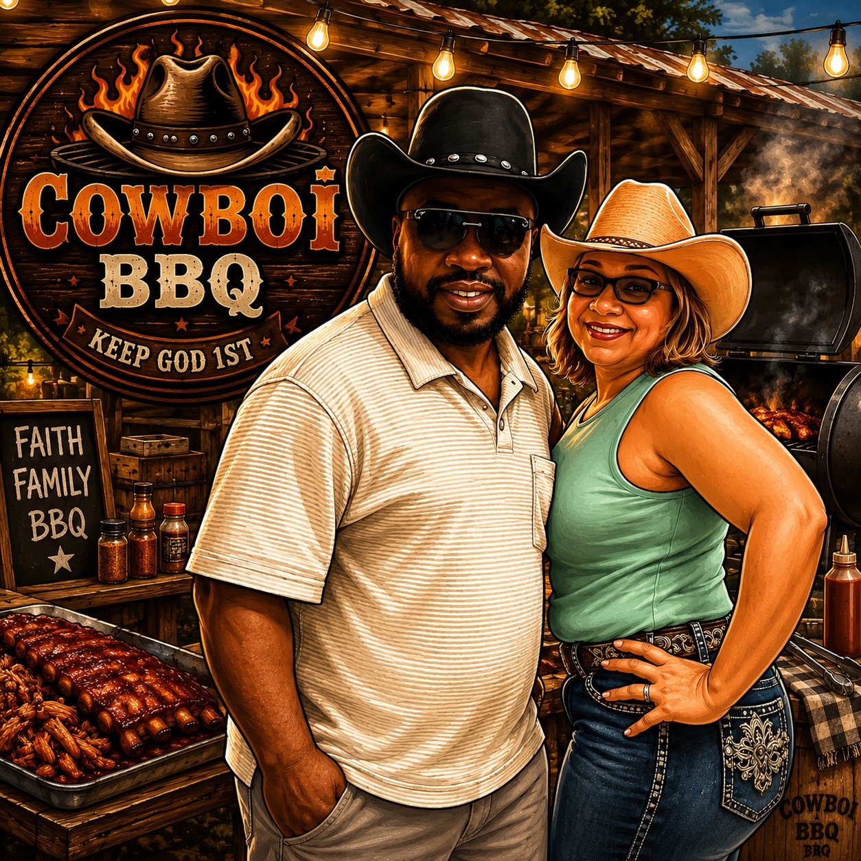 Cowboi Nic BBQ couple in a barbecue setting