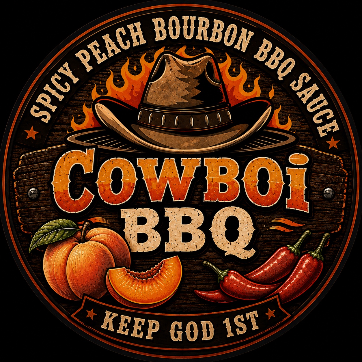 Spicy Peach Bourbon BBQ Sauce label
